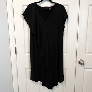H by Halston V NeckJet Set Jersey Black Asymmetrical Ruffle Dress Size LP